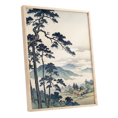 Pines Above the Mist, black, blue, beige nature wall art shown as a oak framed poster wall art print