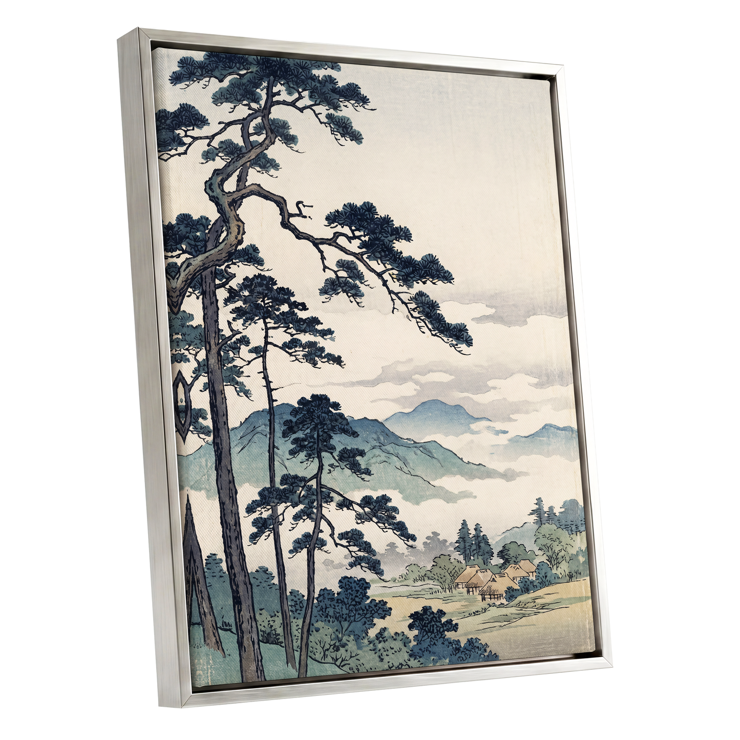 Pines Above the Mist, black, blue, beige nature wall art shown as a silver framed canvas wall art