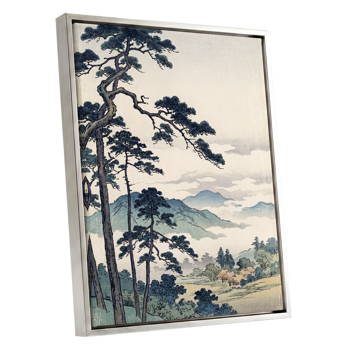 Pines Above the Mist, black, blue, beige nature wall art shown as a silver framed canvas wall art