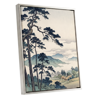 Pines Above the Mist, black, blue, beige nature wall art shown as a silver framed canvas wall art