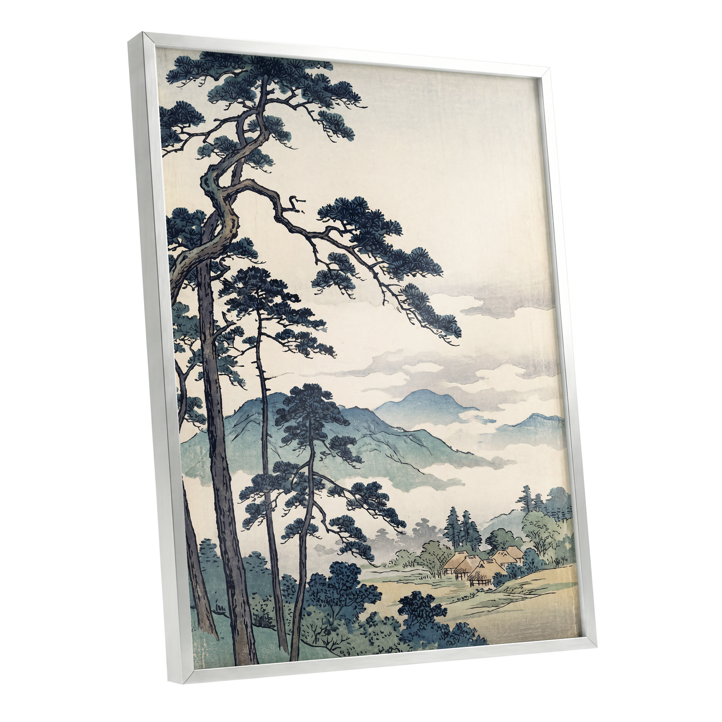 Pines Above the Mist, black, blue, beige nature wall art shown as a silver framed poster wall art print
