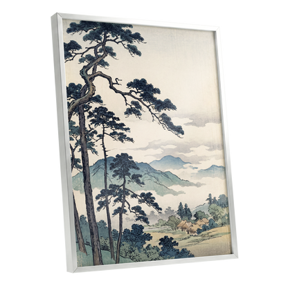 Pines Above the Mist, black, blue, beige nature wall art shown as a silver framed poster wall art print
