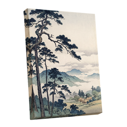 Pines Above the Mist, black, blue, beige nature wall art shown as a stretched canvas wall art