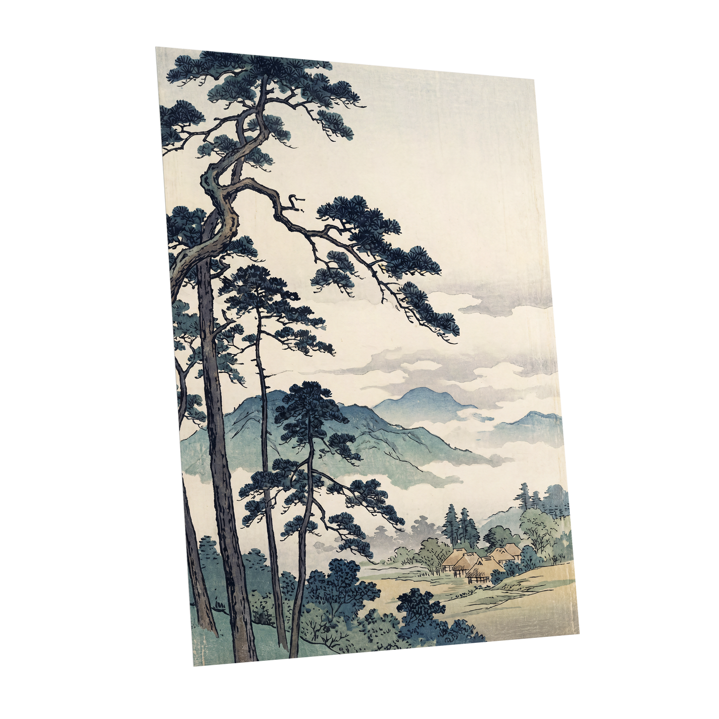 Pines Above the Mist, black, blue, beige nature wall art shown as a unframed poster wall art print