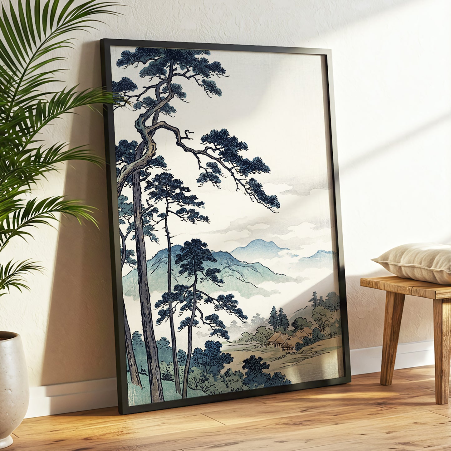 Pines Above the Mist, black, blue, beige nature wall art displayed in a styled interior, gallery view 2