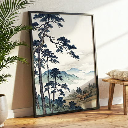 Pines Above the Mist, black, blue, beige nature wall art displayed in a styled interior, gallery view 2