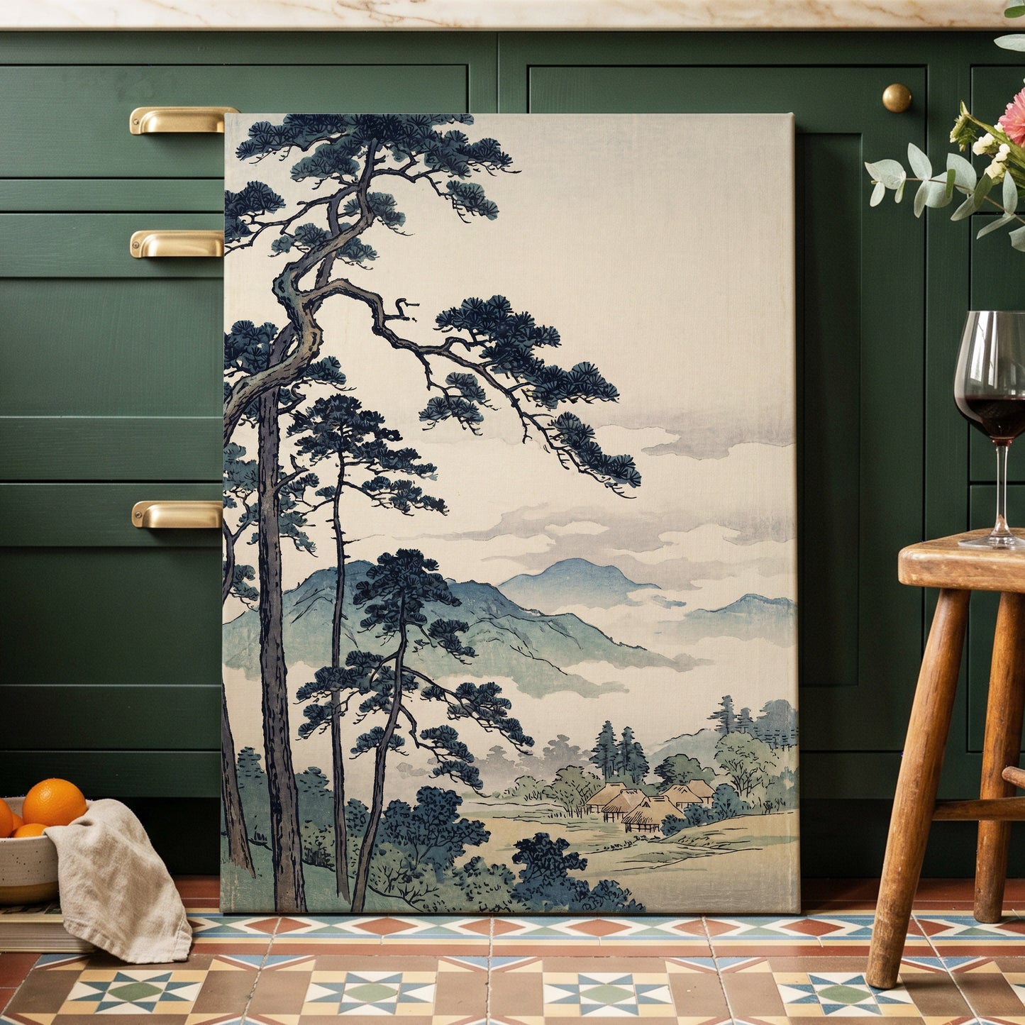 Pines Above the Mist, black, blue, beige nature wall art displayed in a styled interior, gallery view 3