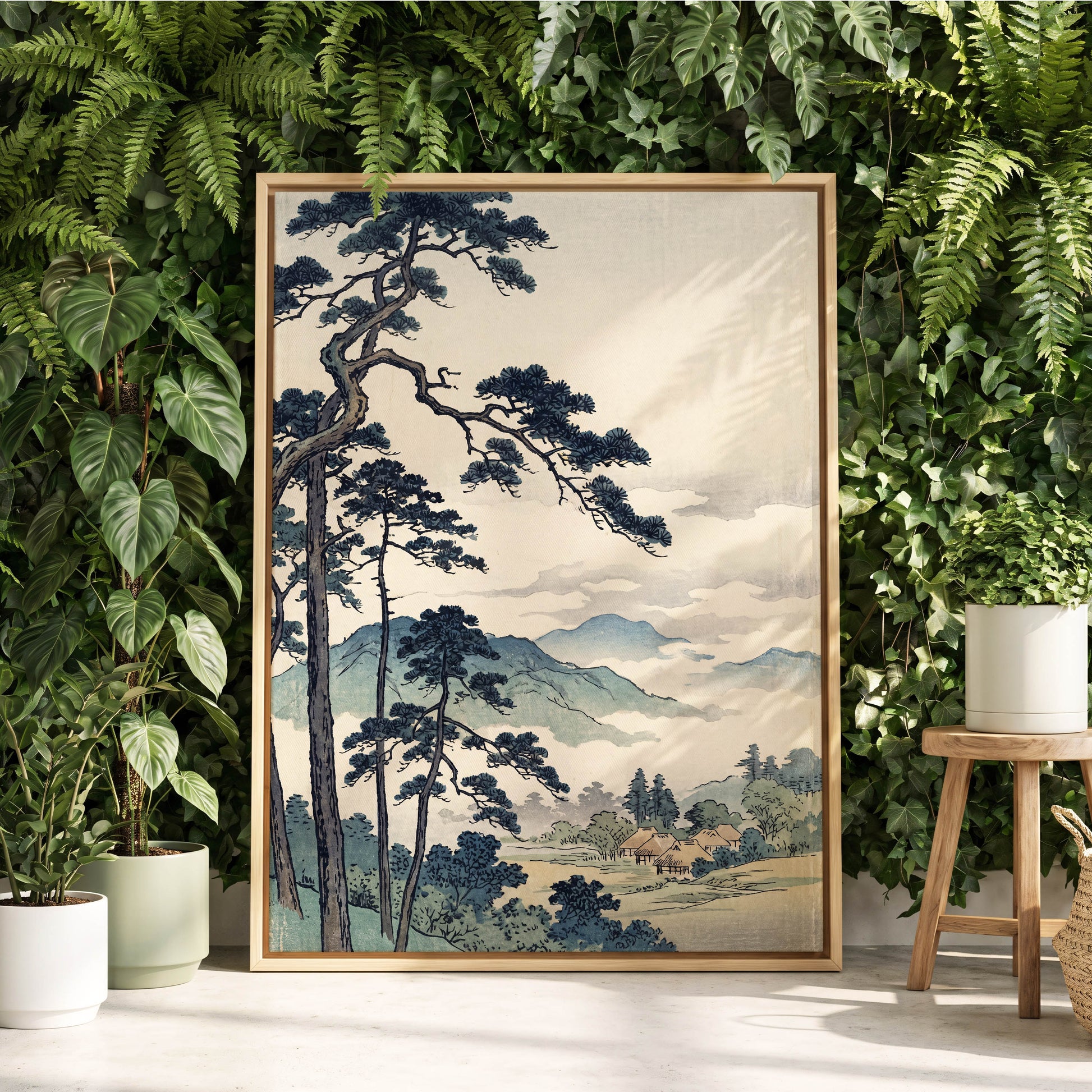 Pines Above the Mist, black, blue, beige nature wall art displayed in a styled interior, gallery view 4