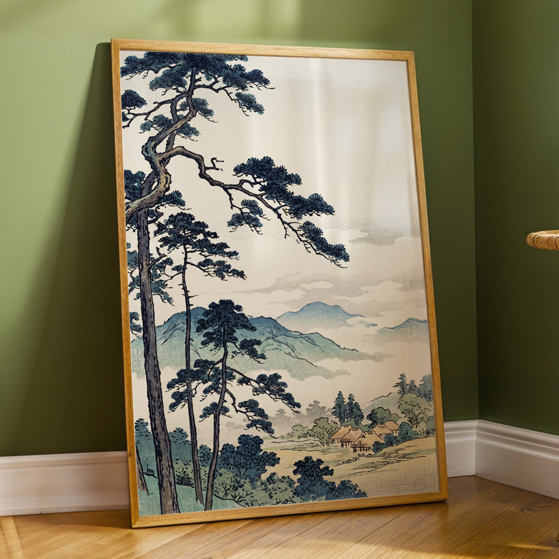 Pines Above the Mist, black, blue, beige nature wall art displayed in a styled interior, gallery view 6