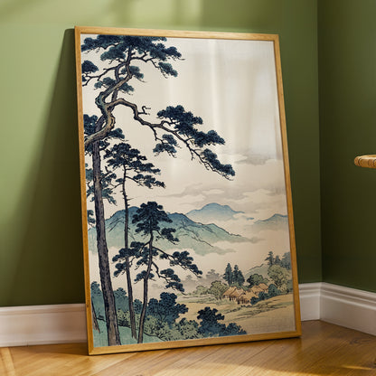 Pines Above the Mist, black, blue, beige nature wall art displayed in a styled interior, gallery view 6