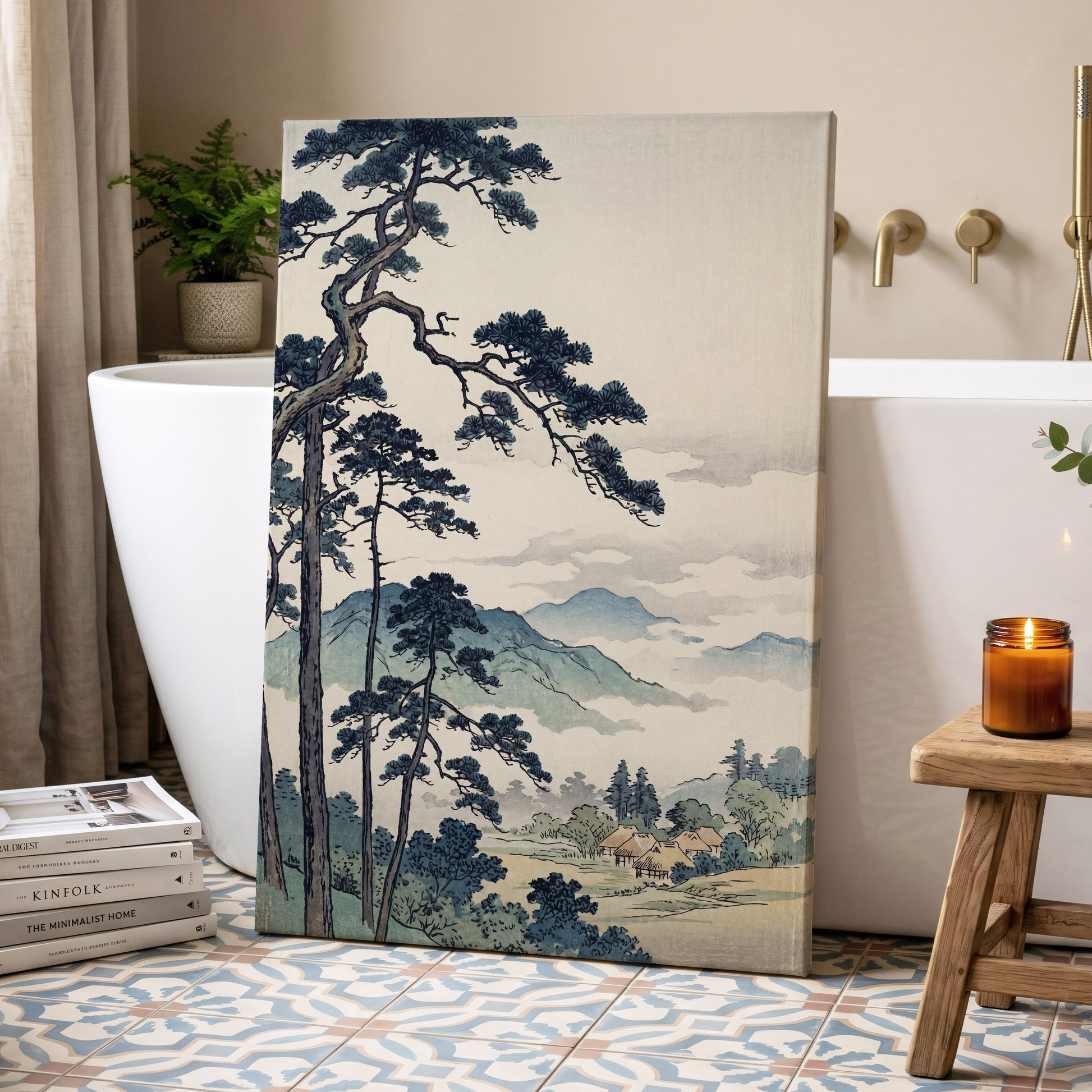 Pines Above the Mist, black, blue, beige nature wall art displayed in a styled interior, gallery view 7