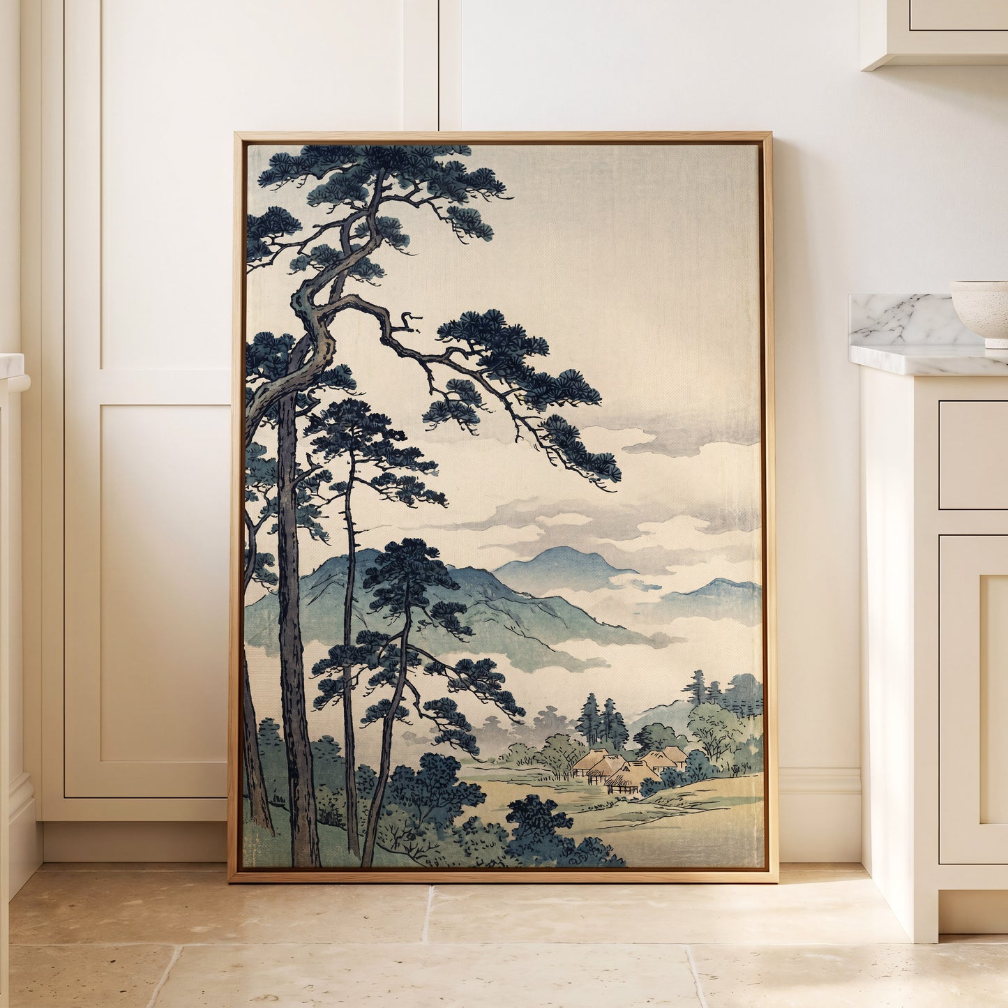 Pines Above the Mist, black, blue, beige nature wall art displayed in a styled interior, gallery view 8