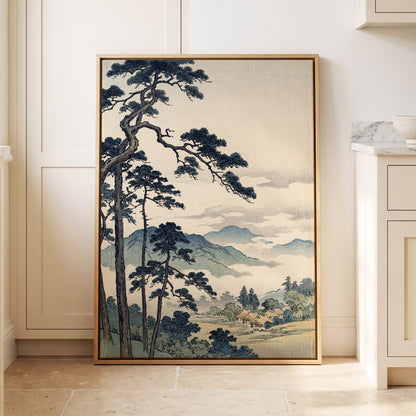 Pines Above the Mist, black, blue, beige nature wall art displayed in a styled interior, gallery view 8