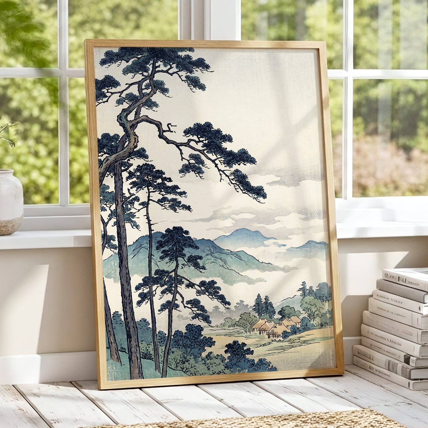 Pines Above the Mist, black, blue, beige nature wall art displayed in a styled interior, gallery view 9