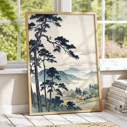 Pines Above the Mist, black, blue, beige nature wall art displayed in a styled interior, gallery view 9