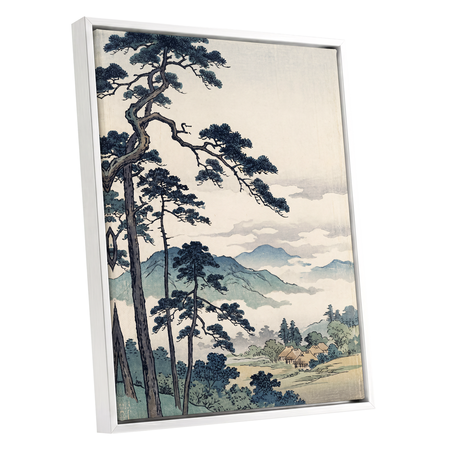 Pines Above the Mist, black, blue, beige nature wall art shown as a white framed canvas wall art