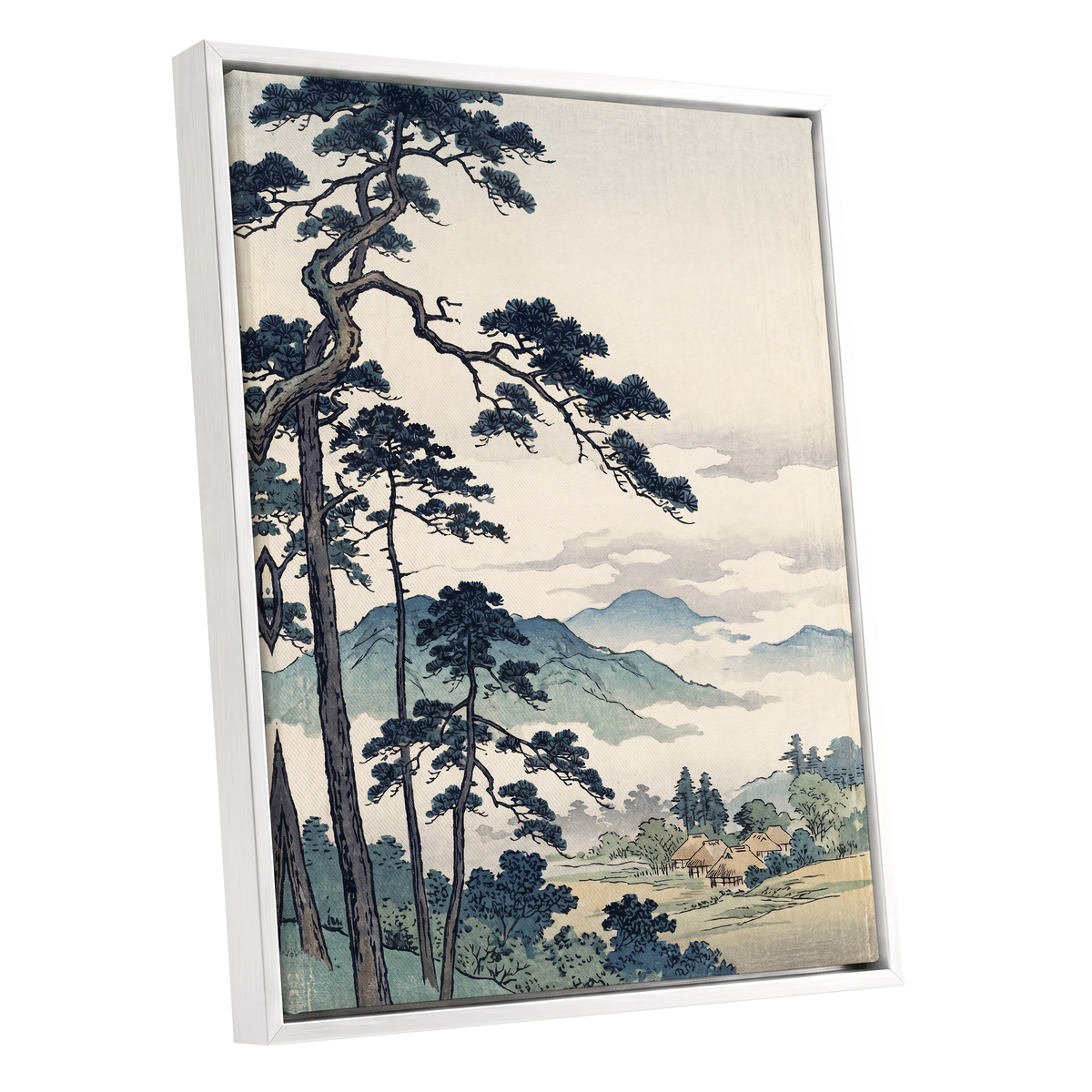 Pines Above the Mist, black, blue, beige nature wall art shown as a white framed canvas wall art
