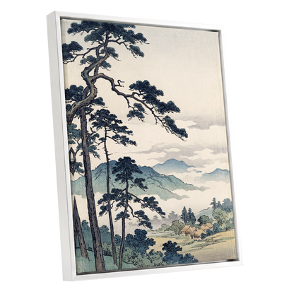 Pines Above the Mist, black, blue, beige nature wall art shown as a white framed canvas wall art