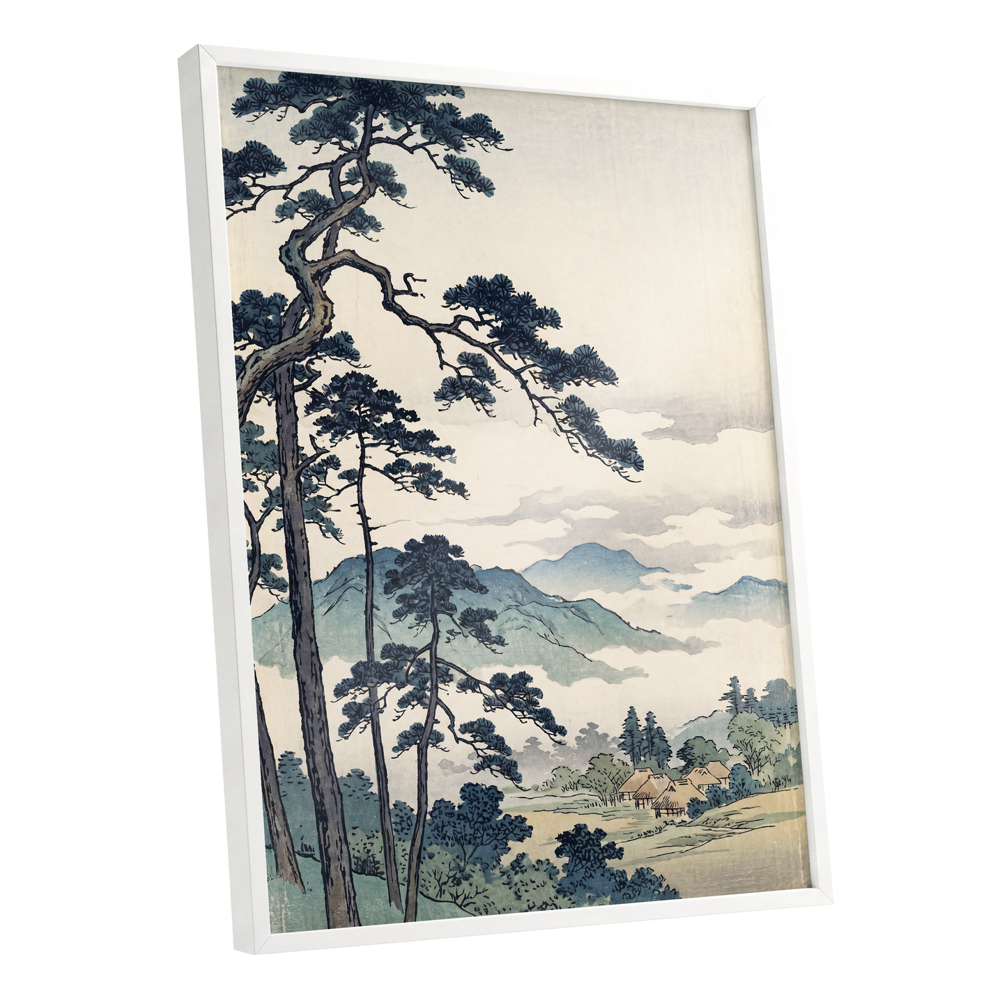 Pines Above the Mist, black, blue, beige nature wall art shown as a white framed poster wall art print