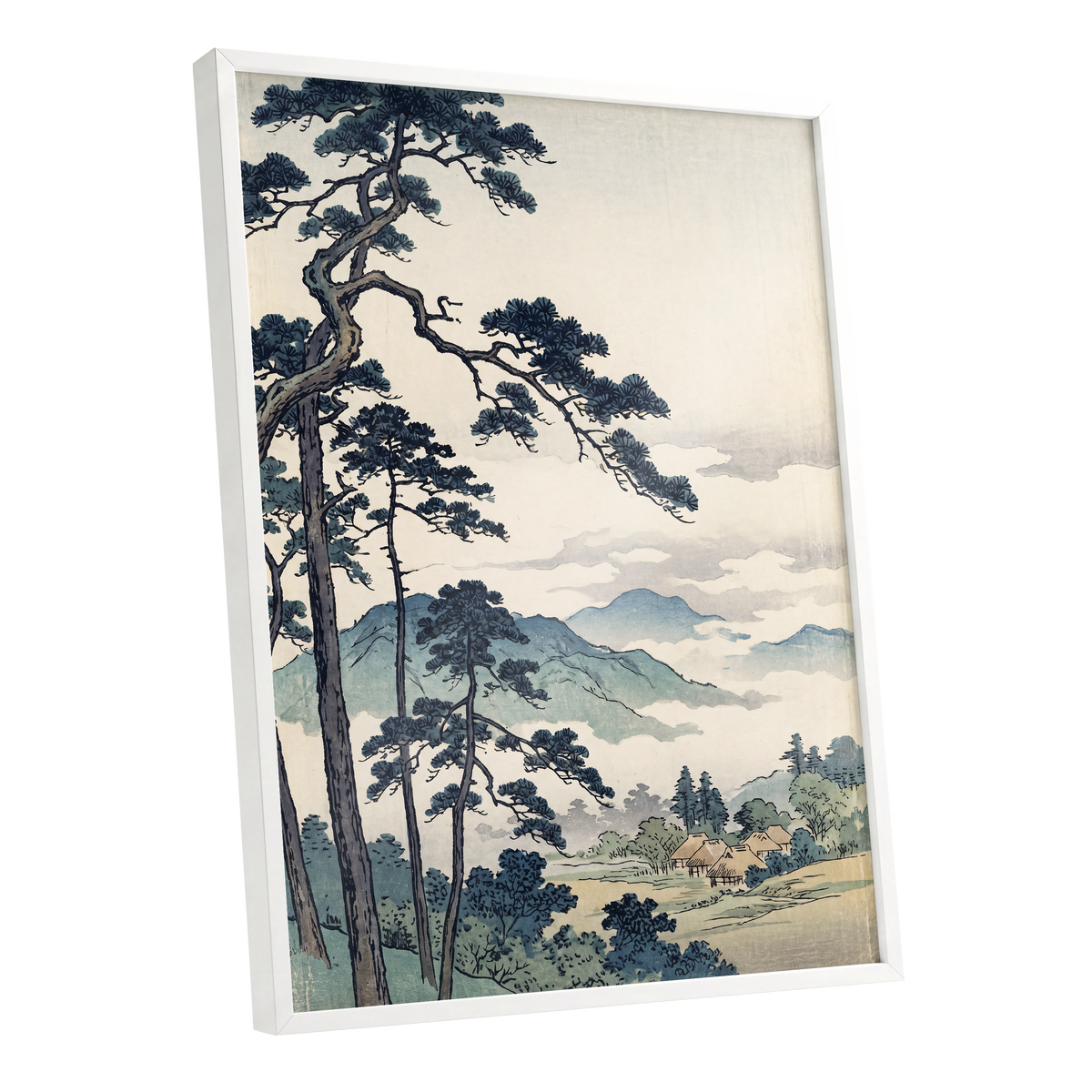Pines Above the Mist, black, blue, beige nature wall art shown as a white framed poster wall art print