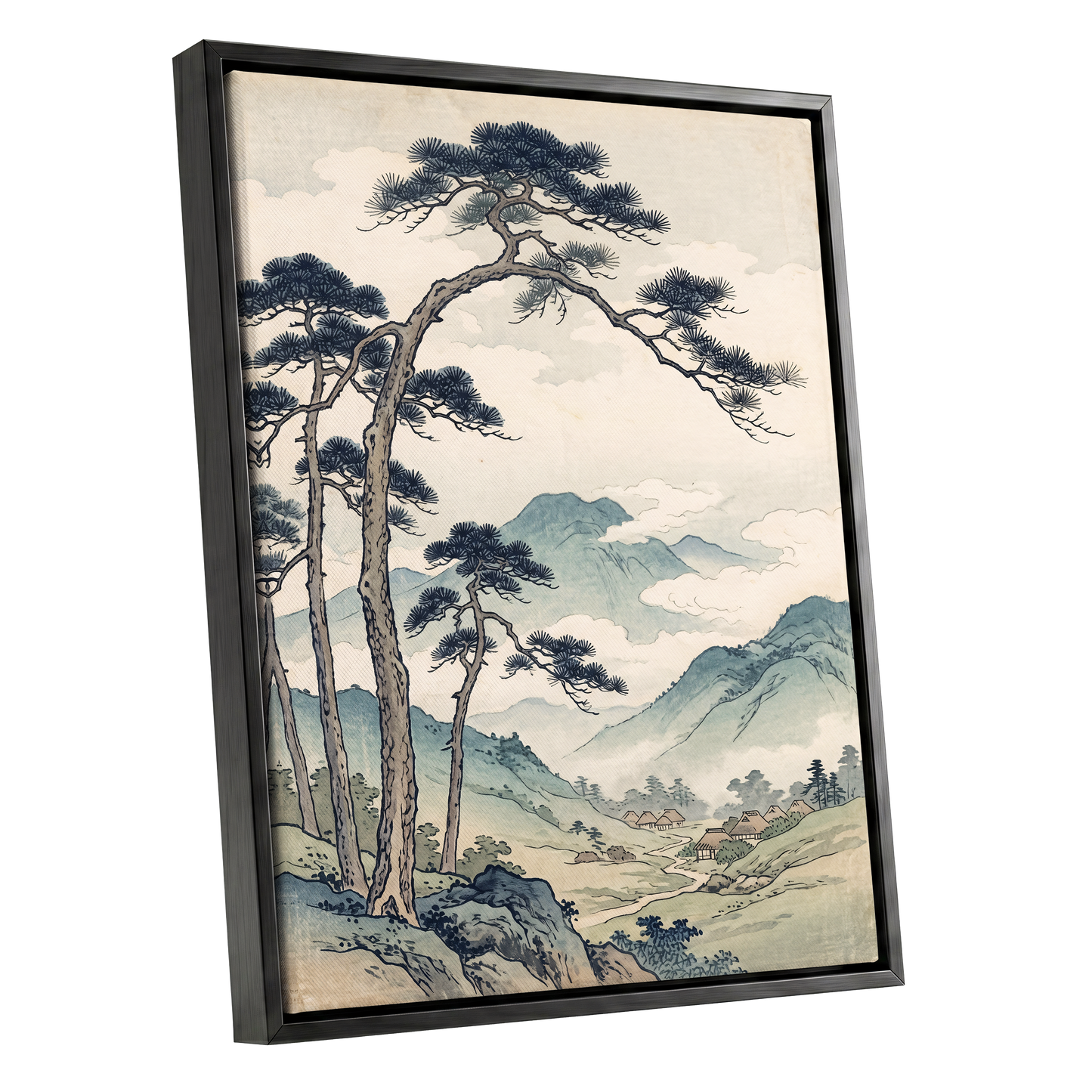 Pines Above the Valley, blue, green, beige nature wall art shown as a black framed canvas wall art