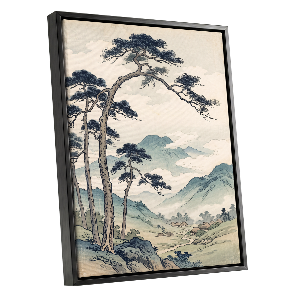 Pines Above the Valley, blue, green, beige nature wall art shown as a black framed canvas wall art
