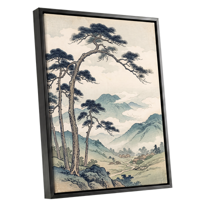 Pines Above the Valley, blue, green, beige nature wall art shown as a black framed canvas wall art