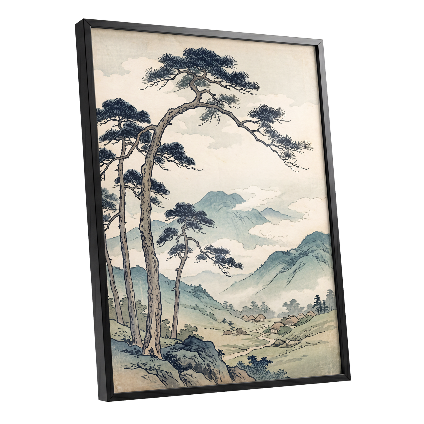 Pines Above the Valley, blue, green, beige nature wall art shown as a black framed poster wall art print