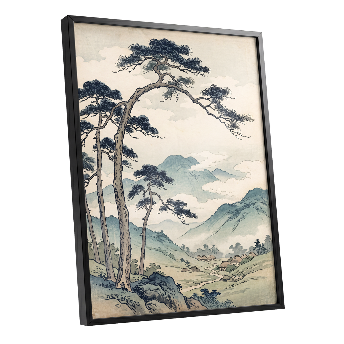 Pines Above the Valley, blue, green, beige nature wall art shown as a black framed poster wall art print
