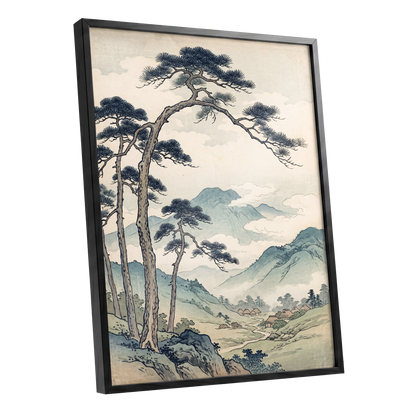 Pines Above the Valley, blue, green, beige nature wall art shown as a black framed poster wall art print