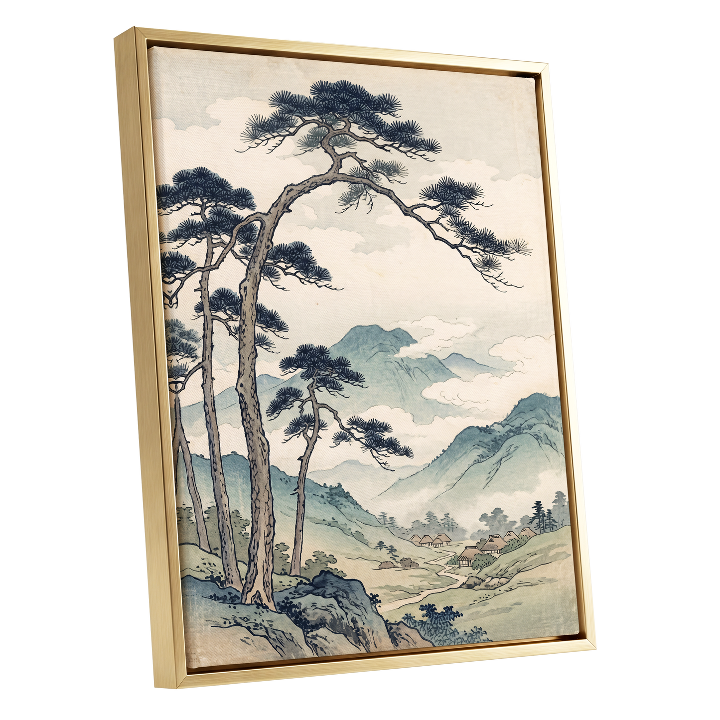 Pines Above the Valley, blue, green, beige nature wall art shown as a gold framed canvas wall art
