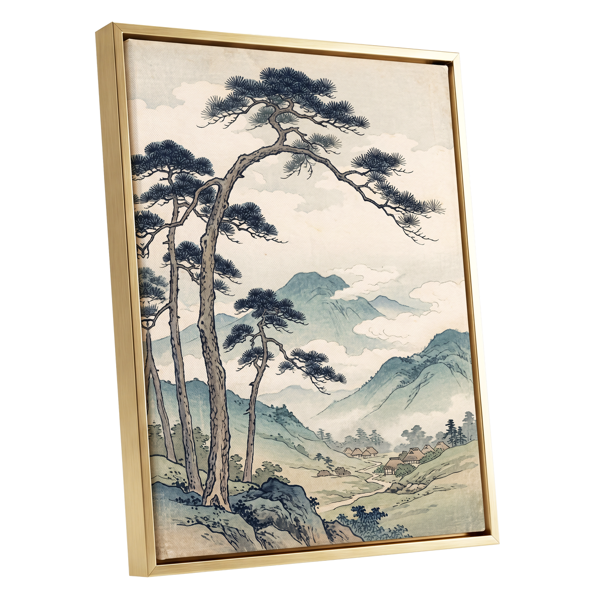 Pines Above the Valley, blue, green, beige nature wall art shown as a gold framed canvas wall art