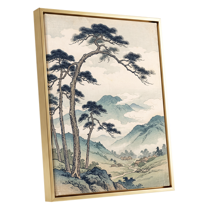 Pines Above the Valley, blue, green, beige nature wall art shown as a gold framed canvas wall art