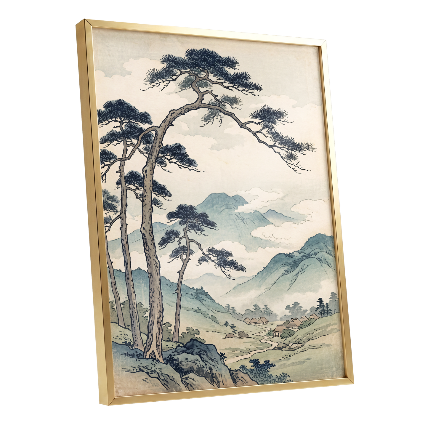 Pines Above the Valley, blue, green, beige nature wall art shown as a gold framed poster wall art print