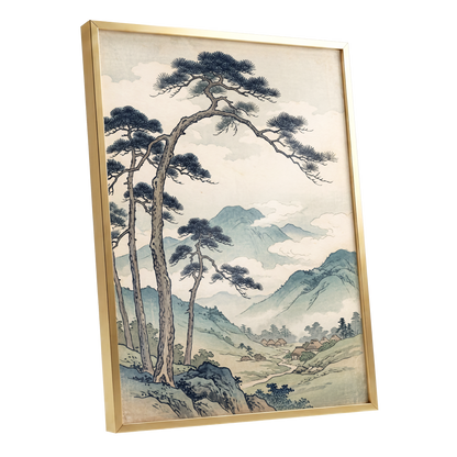Pines Above the Valley, blue, green, beige nature wall art shown as a gold framed poster wall art print