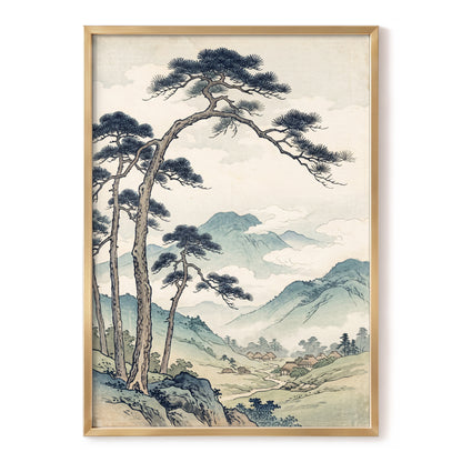Pines Above the Valley, blue, green, beige nature wall art, front artwork view