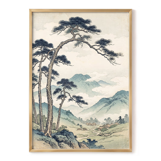 Pines Above the Valley, blue, green, beige nature wall art, front artwork view