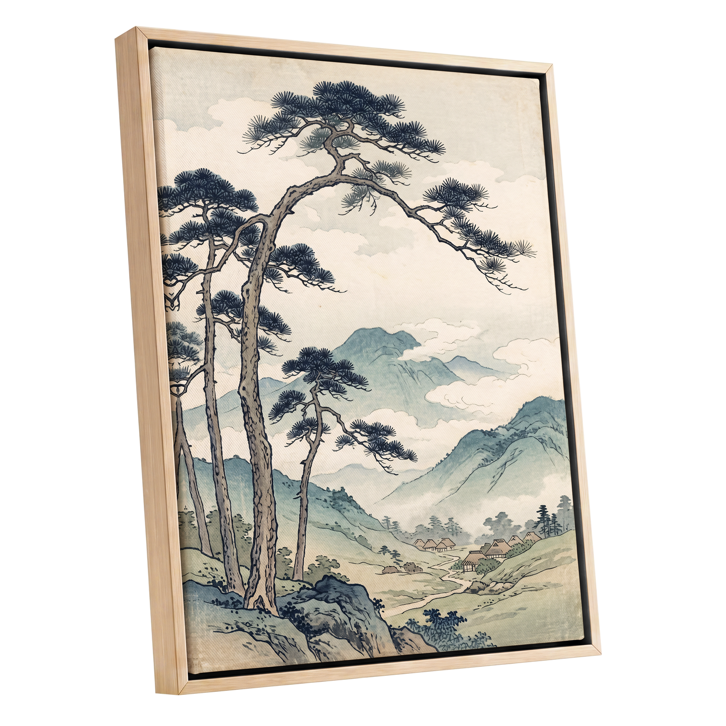 Pines Above the Valley, blue, green, beige nature wall art shown as a oak framed canvas wall art