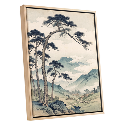 Pines Above the Valley, blue, green, beige nature wall art shown as a oak framed canvas wall art