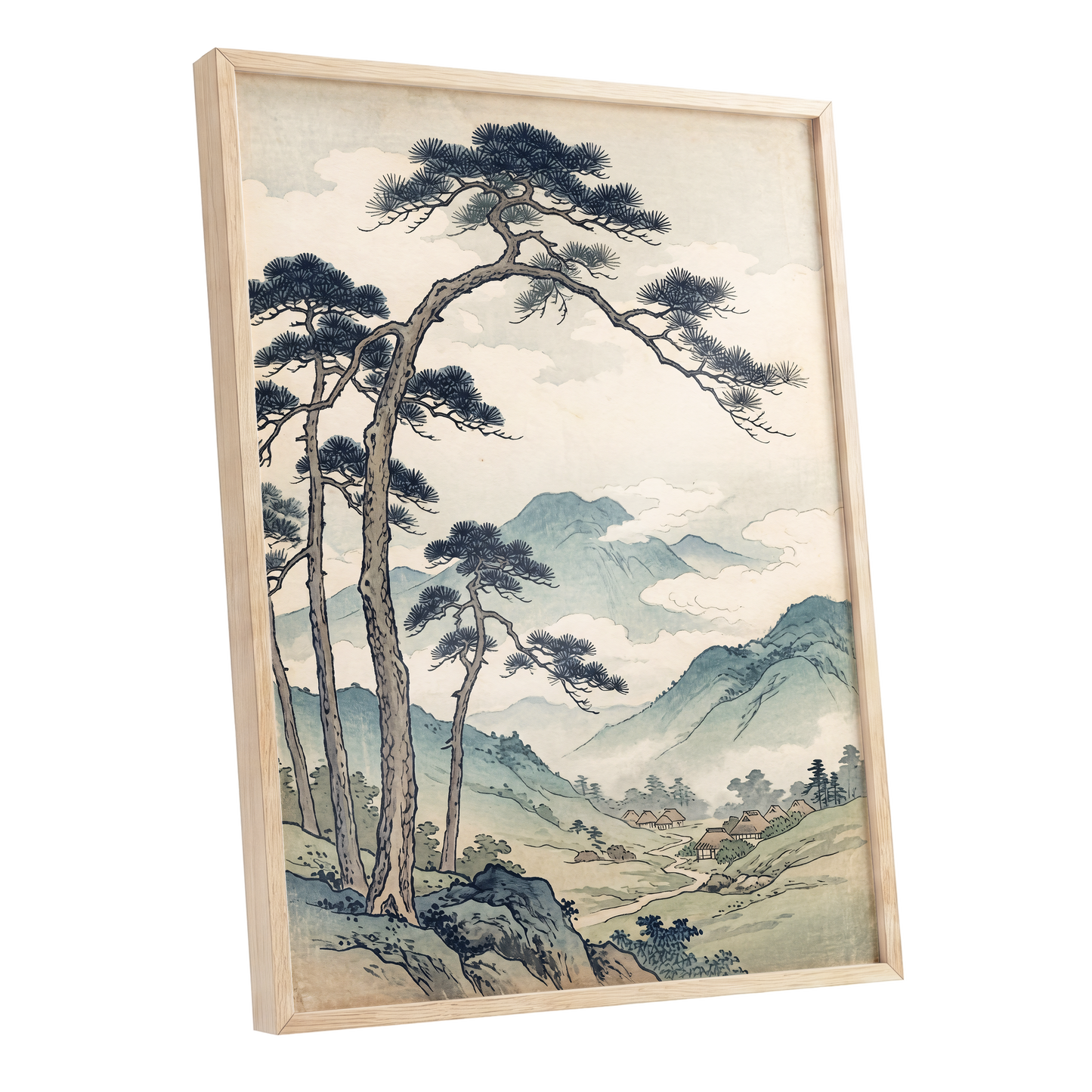 Pines Above the Valley, blue, green, beige nature wall art shown as a oak framed poster wall art print