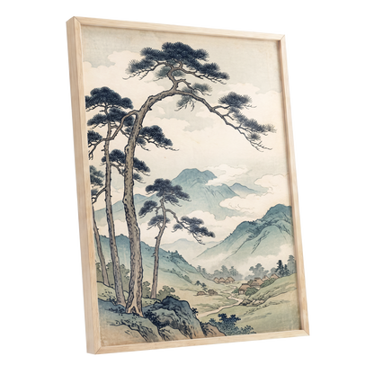 Pines Above the Valley, blue, green, beige nature wall art shown as a oak framed poster wall art print