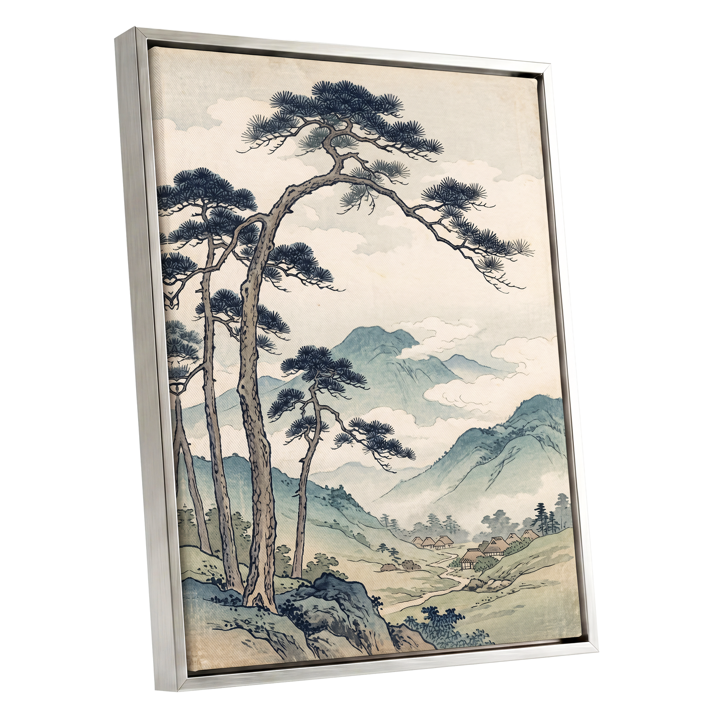 Pines Above the Valley, blue, green, beige nature wall art shown as a silver framed canvas wall art