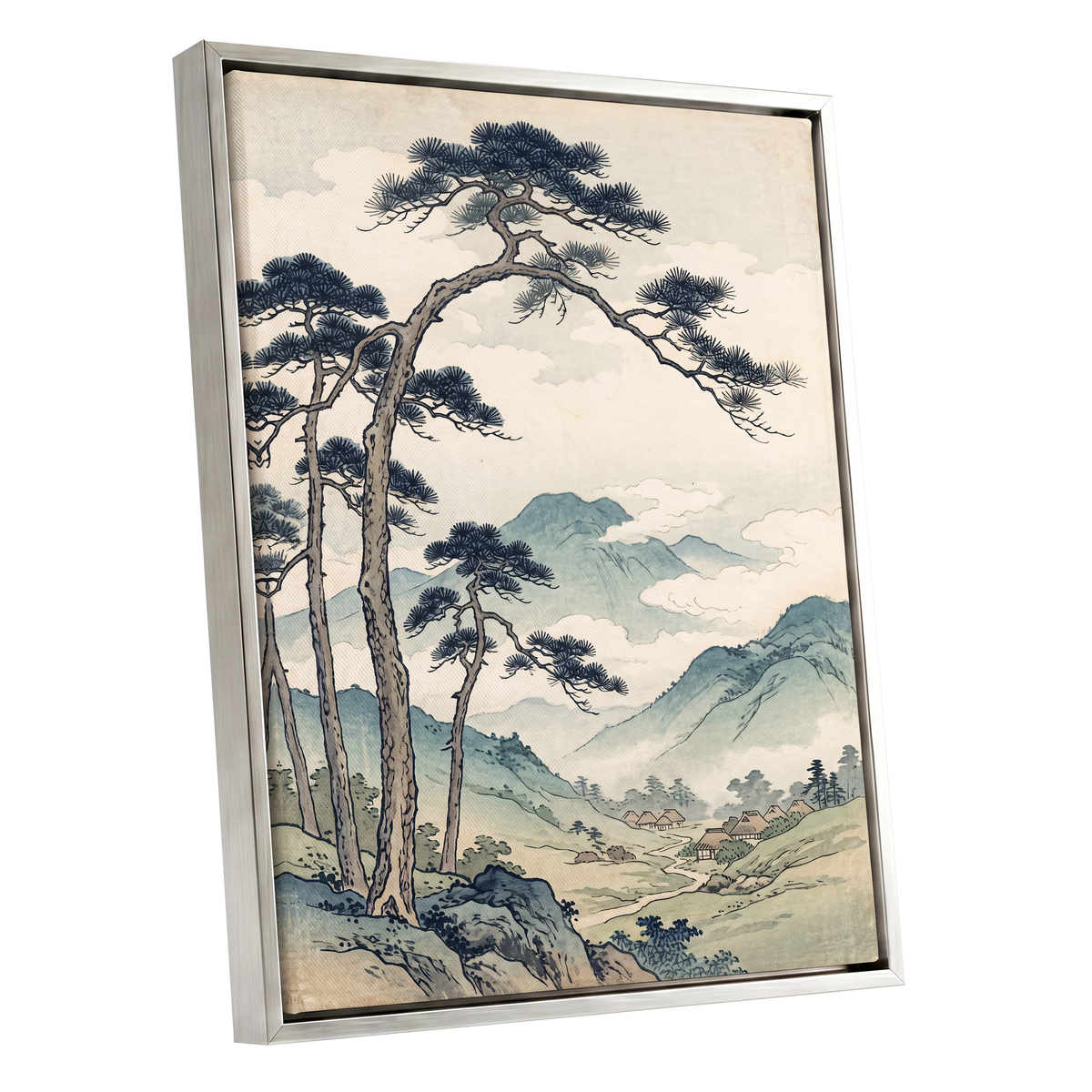 Pines Above the Valley, blue, green, beige nature wall art shown as a silver framed canvas wall art