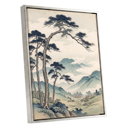 Pines Above the Valley, blue, green, beige nature wall art shown as a silver framed canvas wall art