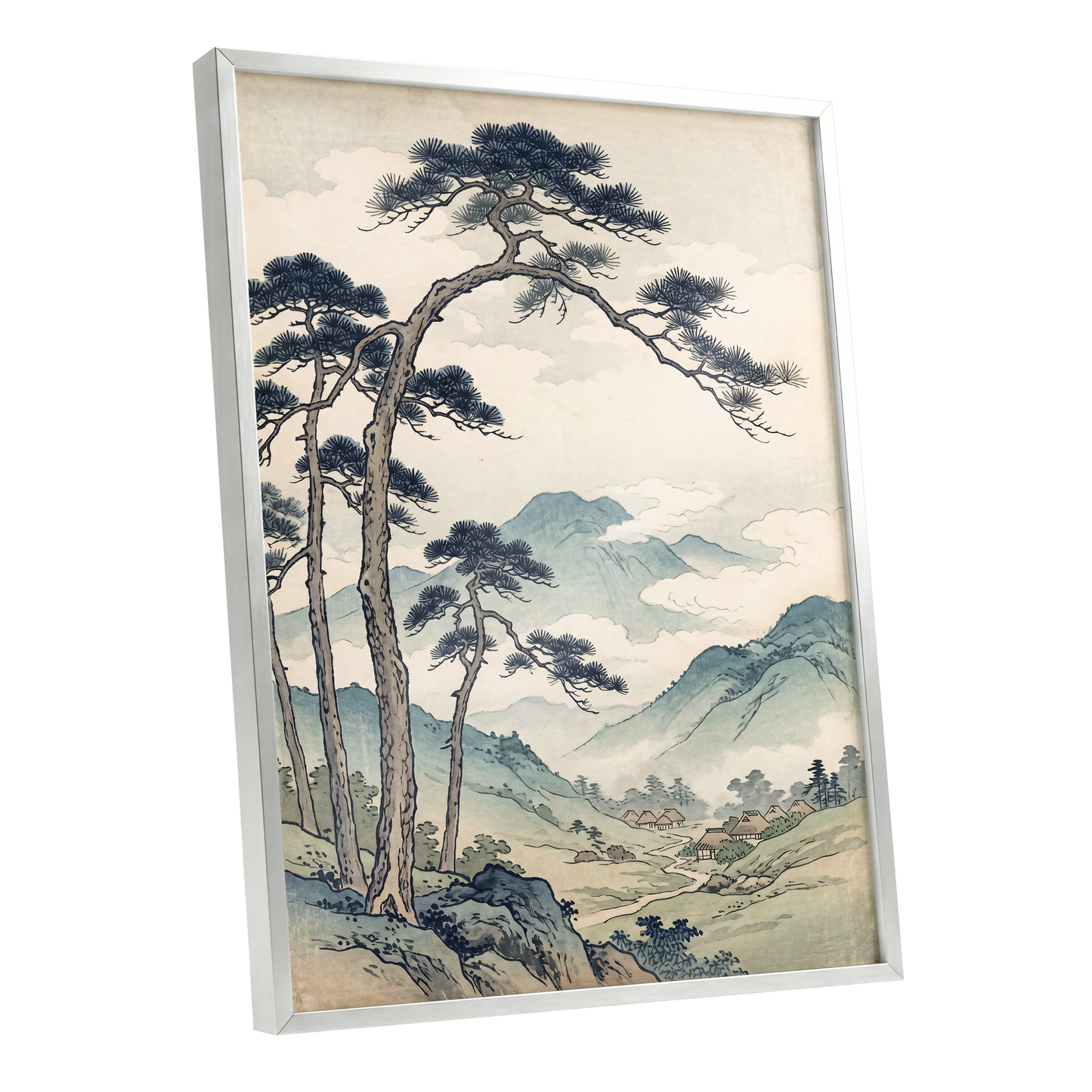 Pines Above the Valley, blue, green, beige nature wall art shown as a silver framed poster wall art print
