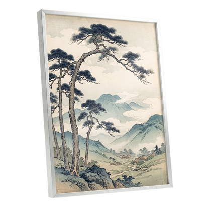 Pines Above the Valley, blue, green, beige nature wall art shown as a silver framed poster wall art print