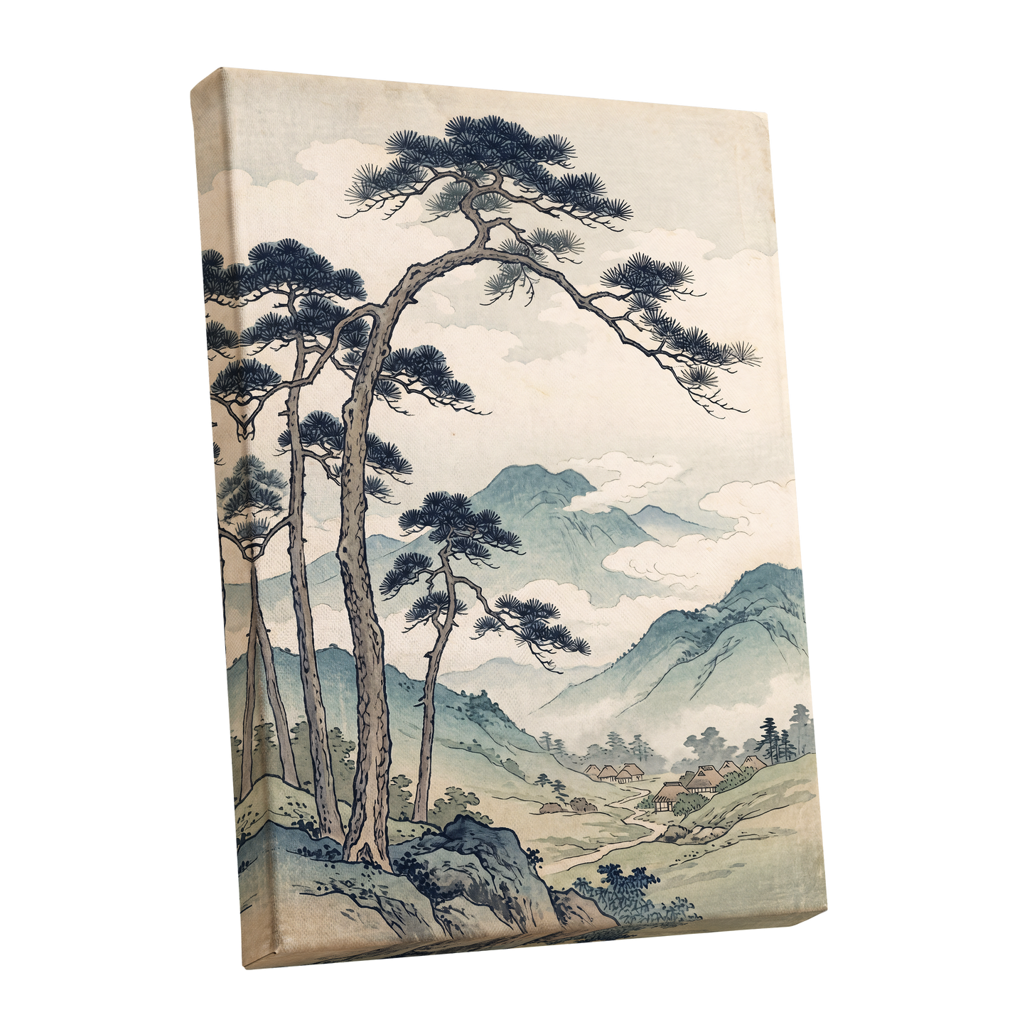 Pines Above the Valley, blue, green, beige nature wall art shown as a stretched canvas wall art