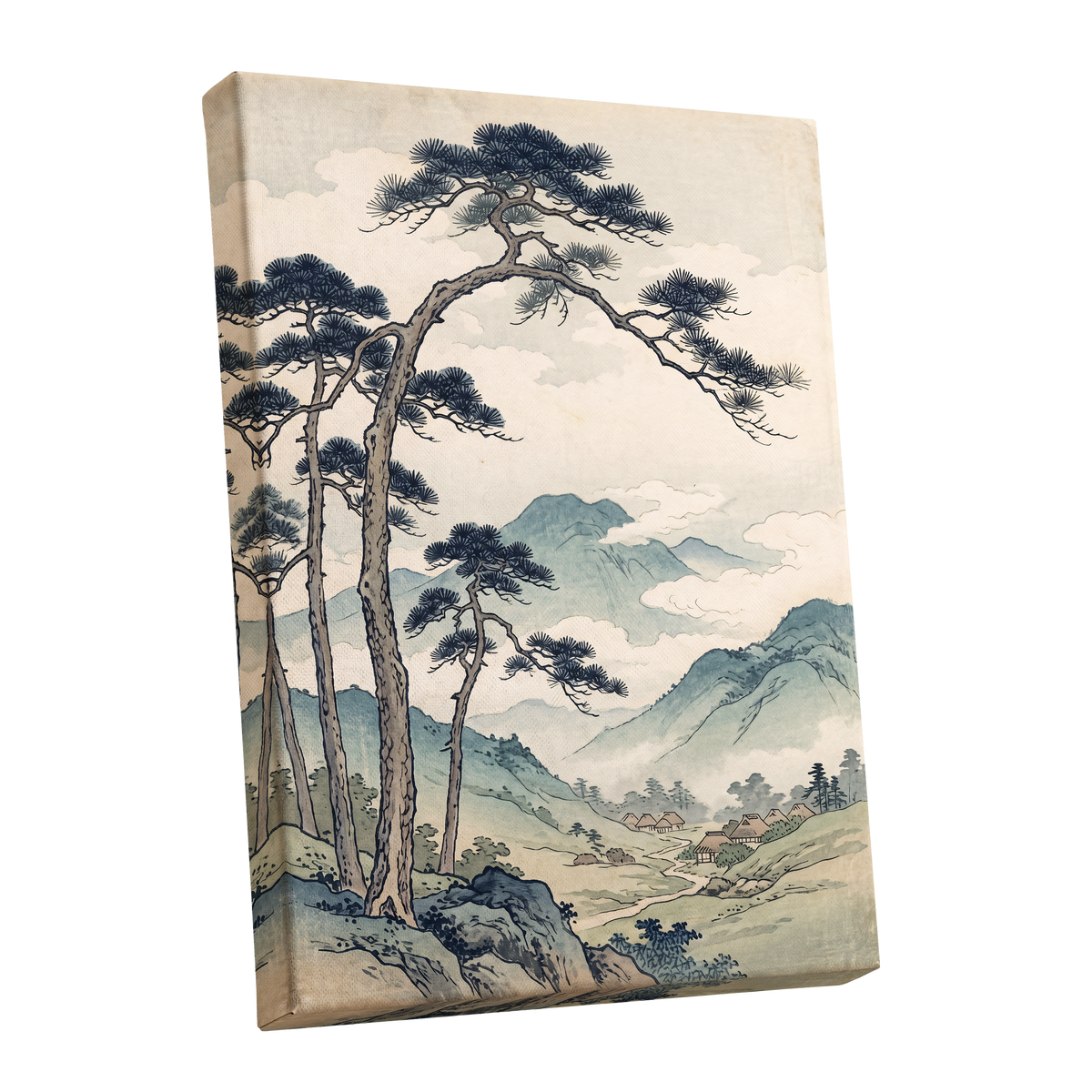 Pines Above the Valley, blue, green, beige nature wall art shown as a stretched canvas wall art