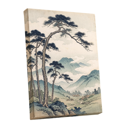 Pines Above the Valley, blue, green, beige nature wall art shown as a stretched canvas wall art