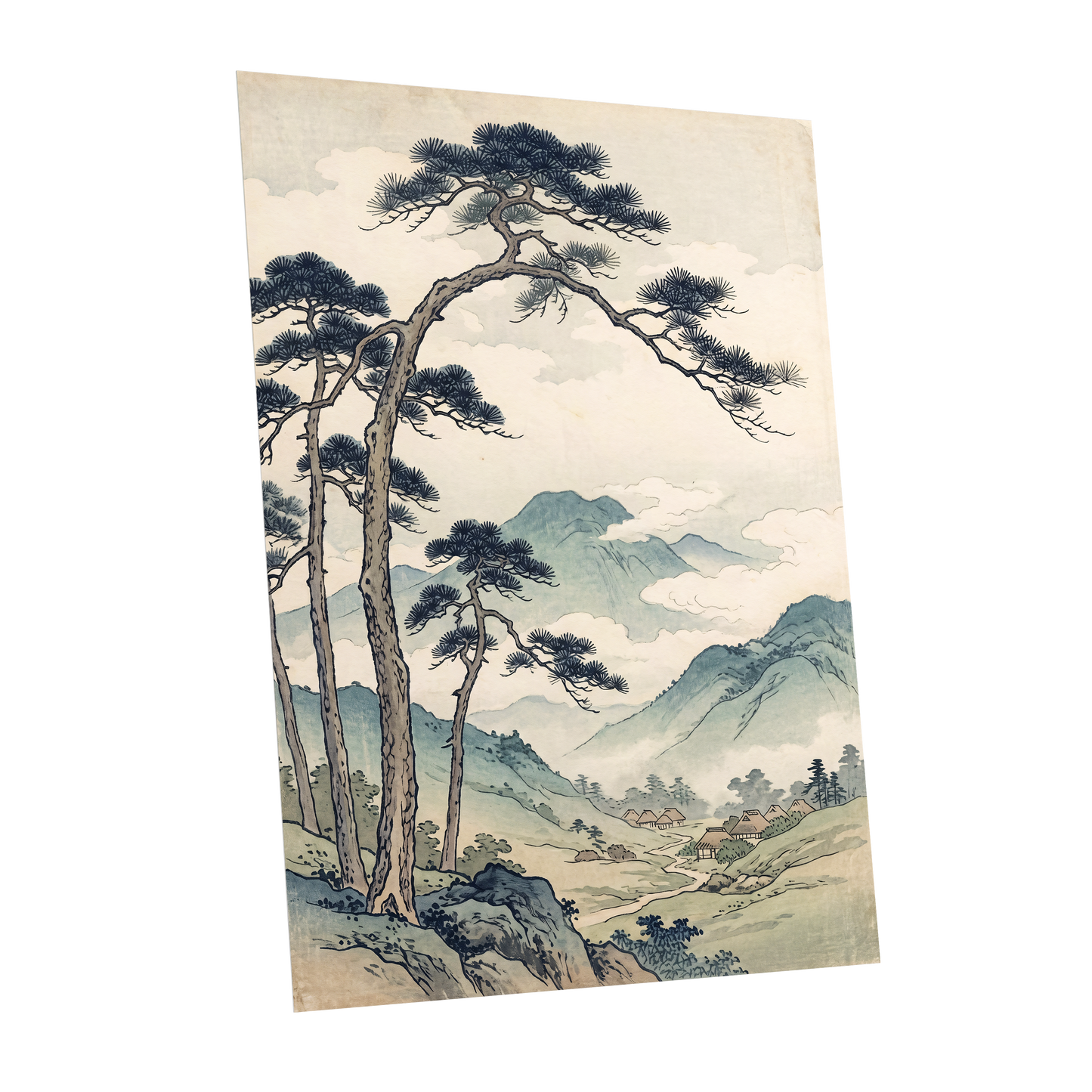 Pines Above the Valley, blue, green, beige nature wall art shown as a unframed poster wall art print